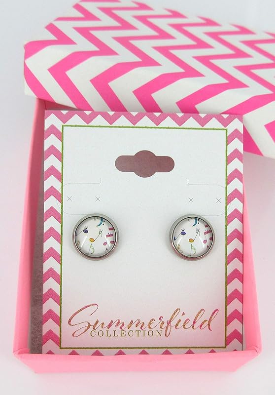 Summerfield Collection Stainless Steel Rainbow Music Note Print Glass Stud Earrings 10mm