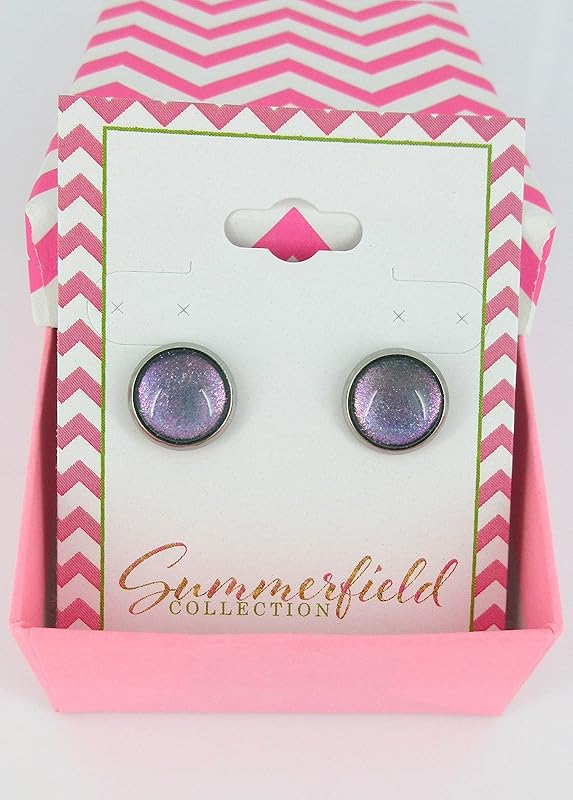 Summerfield Collection Stainless Steel Blue Purple Pink Green Colorshifting Glitter Glass Stud Earrings Hand-painted 10mm