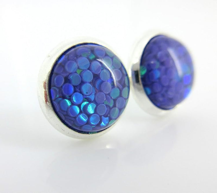 Summerfield Collection Shiny Silver-tone Iridescent Glitter Resin Stud Earrings 10mm (Purple)