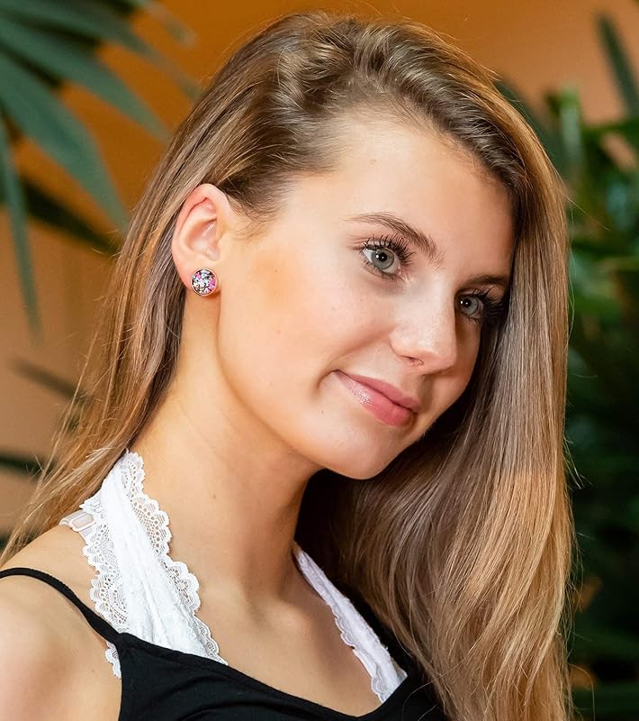 Summerfield Collection Rose Gold-tone Blue Pink Purple Glitter Glass Stud Earrings 12mm Hand-painted