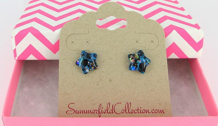 Summerfield Collection Aqua Blue and Black Star Shaped Glitter Glass Galaxy Stud Earrings 10mm Hand-painted
