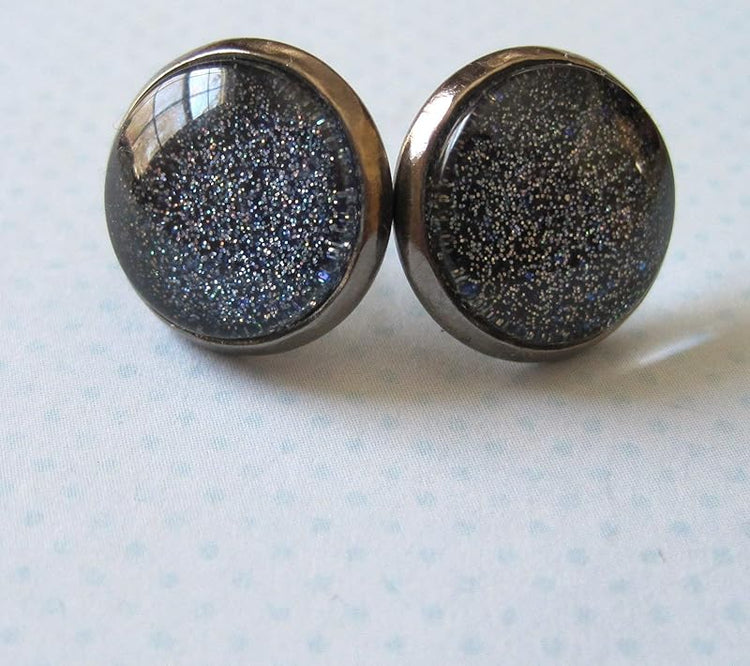 Summerfield Collection Hematite-tone Blue Holographic Glitter Glass Galaxy Stud Earrings Hand-painted 12mm