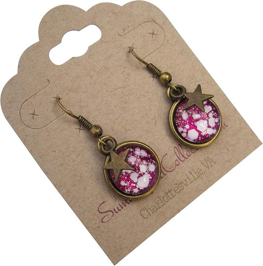 Summerfield Collection Antiqued Gold-tone Magenta and White Glitter Glass Star Charm Galaxy Dangle Earrings Hand-painted