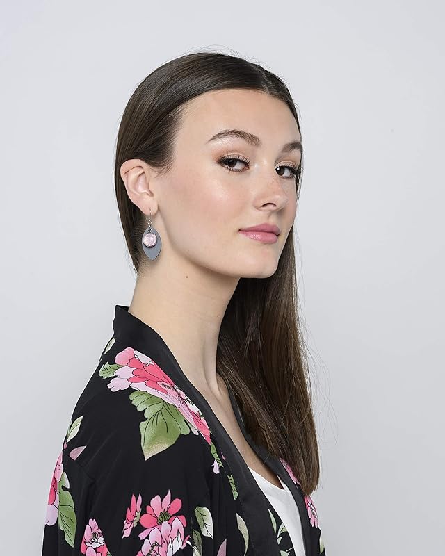 Summerfield Collection Stainless Steel Pink AB Glitter Glass Charm Gray Wood Leaf Dangle Earrings