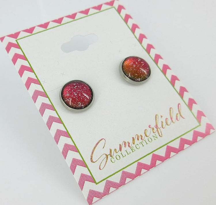 Summerfield Collection Stainless Steel Red Colorshifting to Orange Yellow and Green Glitter Glass Stud Earrings Hand-painted 10mm
