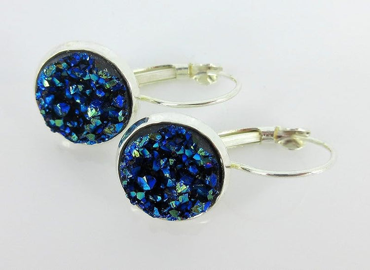 Summerfield Collection Silver-tone Metallic Faux Druzy Stone Lever-back Drop Earrings 12mm (Blue)