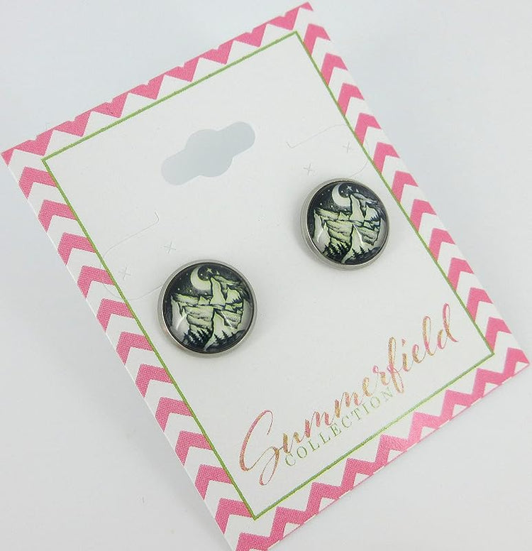 Summerfield Collection Stainless Steel Night Sky Moon Stars Snowy Mountain Print Glass Stud Earrings 12mm Black White Yellow