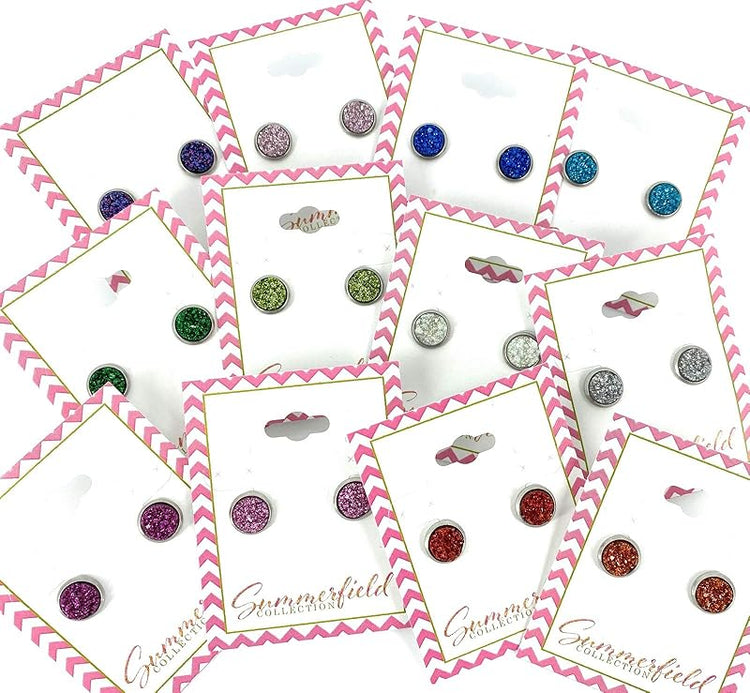 Summerfield Collection Stainless Steel Glitter Faux Druzy Stone Stud Earrings 8mm (Dark Silver)