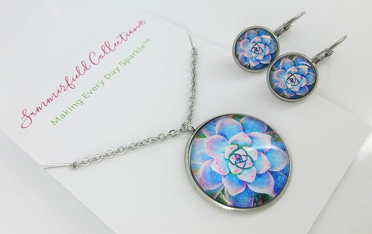 Summerfield Collection Stainless Steel Succulent Printed Glass Necklace Drop Earrings Set (Blue/Pink)