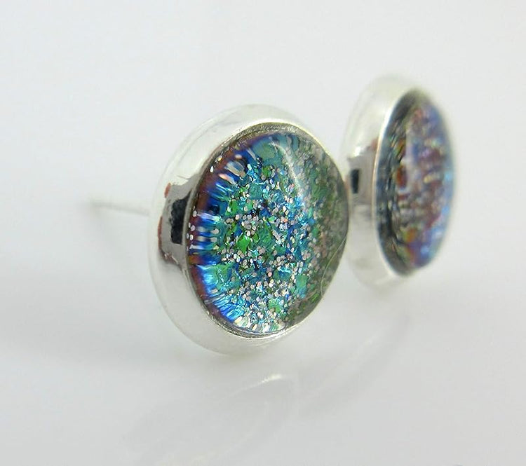 Summerfield Collection Silver-tone Green Glitter Glass Stud Earrings Hand-painted 8mm