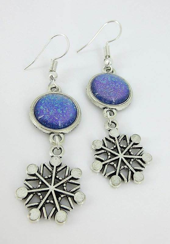Summerfield Collection Antiqued Silver-tone Blue Purple Glitter Glass Dangle Earrings Snowflake Charm Hand-painted