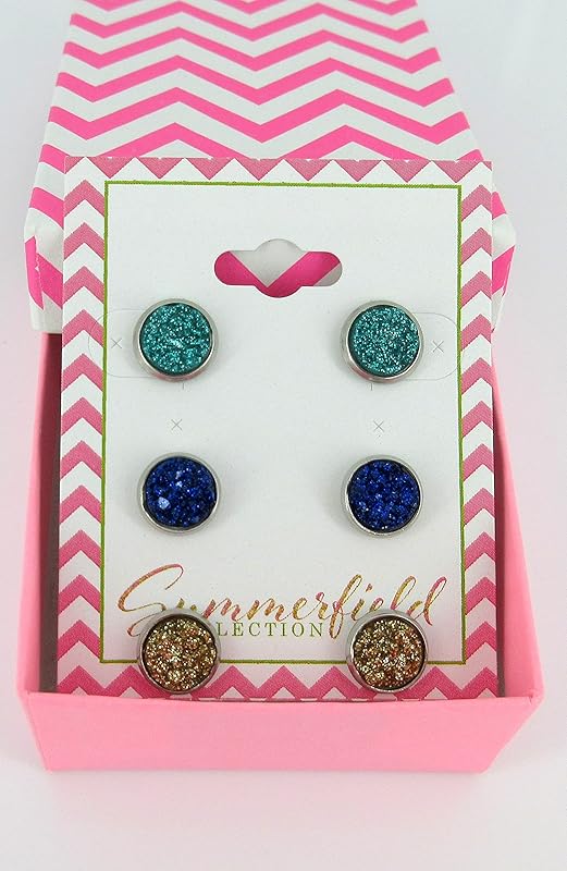Summerfield Collection Trio Stainless Steel Ocean Blues Faux Glitter Druzy Stone 8mm Stud Earrings Set Teal Cobalt