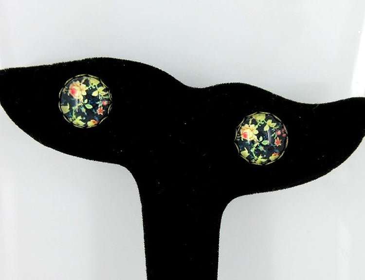 Summerfield Collection Antiqued Gold-tone Black and Pink Flower Print Glass Stud Earrings 12mm
