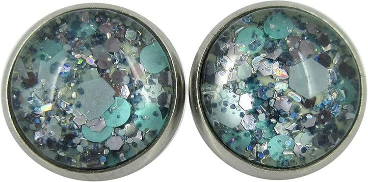 Summerfield Collection Stainless Steel Mint Green and Silver Glitter Glass Stud Earrings Hand-painted 12mm