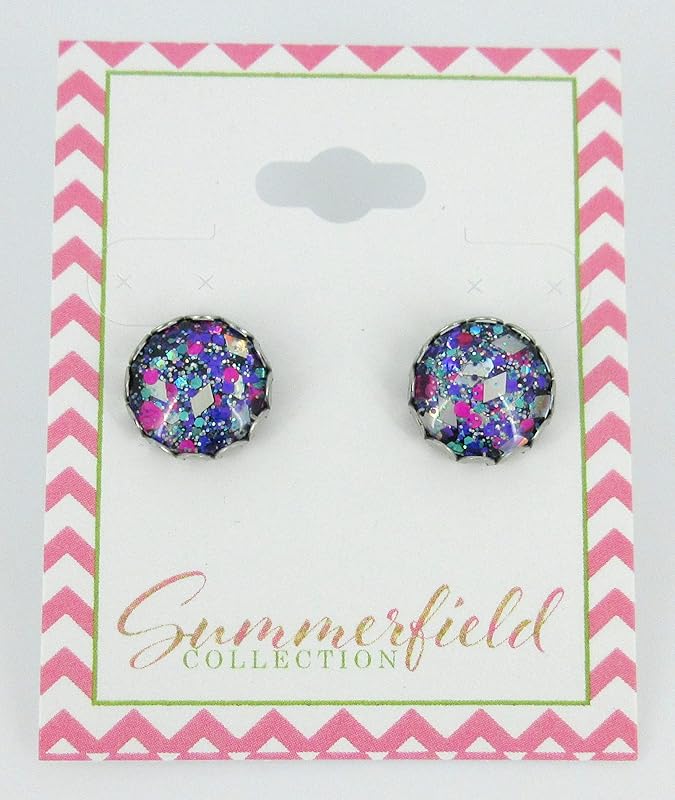 Summerfield Collection Stainless Steel Aqua Blue Pink and Purple Glitter Glass Stud Earrings Hand-painted 12mm