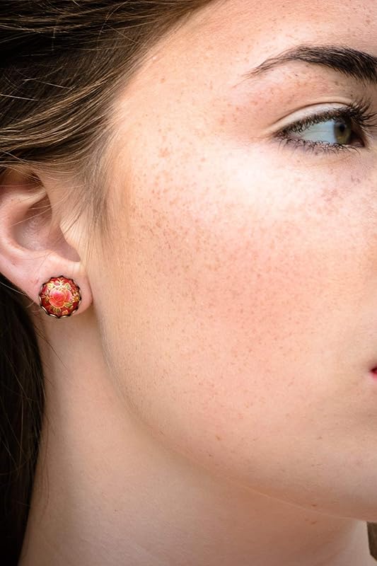 Summerfield Collection Antiqued Gold-tone Floral Print Stud Earrings 12mm (Red)