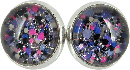 Summerfield Collection Silver-tone Gray Purple Black Neon Pink Glitter Glass Stud Earrings Hand-painted 12mm