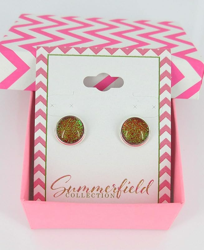 Summerfield Collection Silver-tone Red and Green Glitter Glass Stud Earrings Hand-painted (10mm)