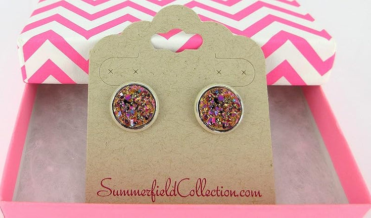 Summerfield Collection Silver-tone Metallic Faux Druzy Stone Stud Earrings 12mm (Gold/Pink)