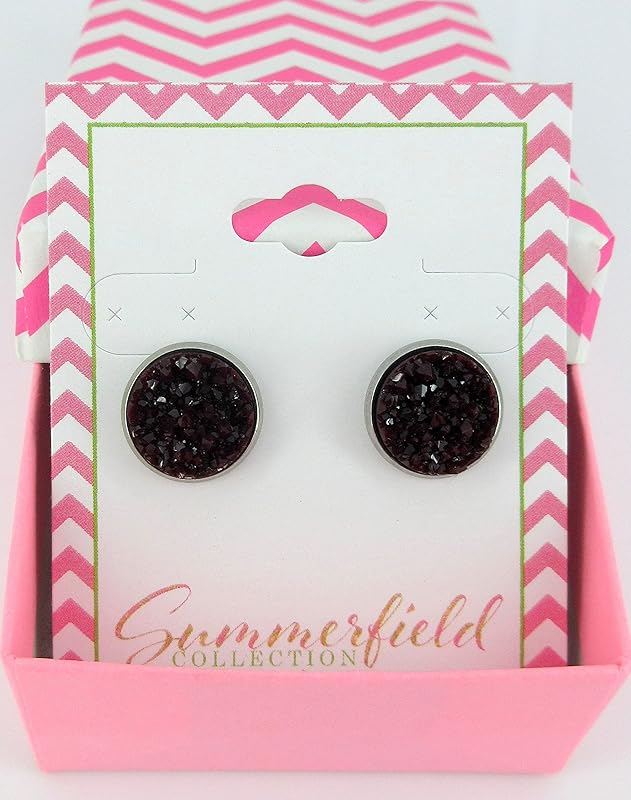 Summerfield Collection Stainless Steel Matte Faux Druzy Stone Stud Earrings 12mm (Maroon)