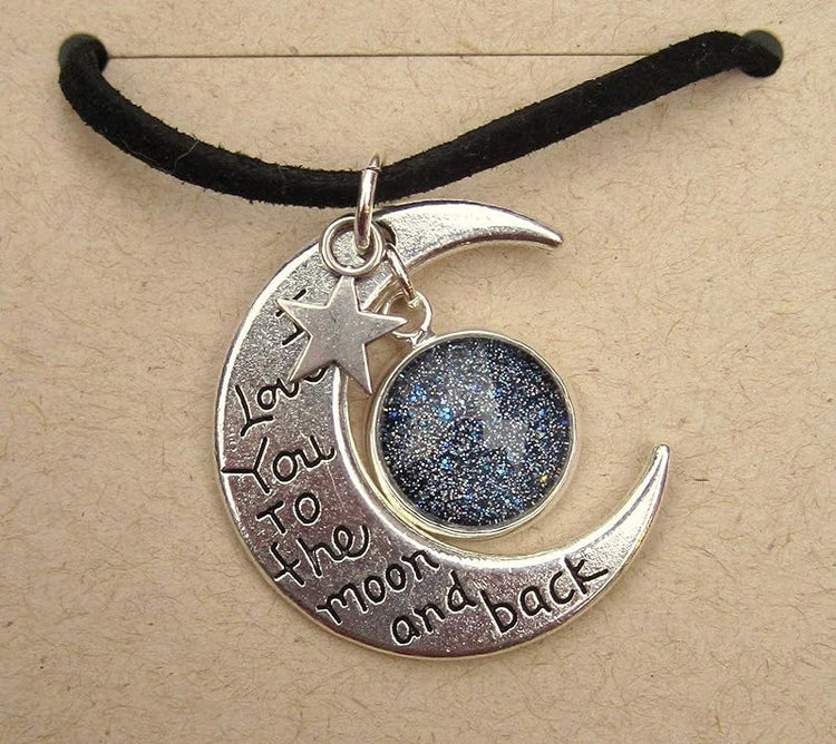 Summerfield Collection Silver-Tone Starry Night Glitter Glass I Love You to the Moon and Back Pendant Necklace Faux Suede
