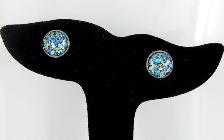 Summerfield Collection Hematite-tone Blue Green White Glitter Glass Stud Earrings Hand-painted 10mm