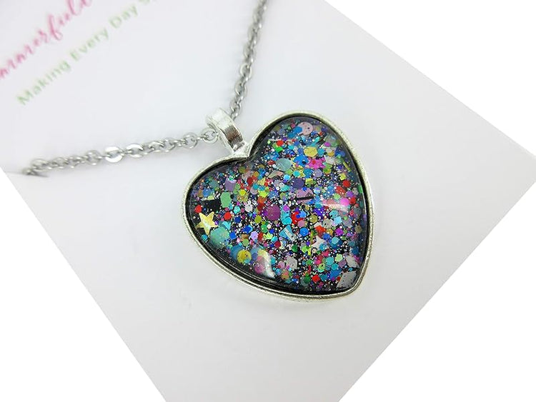 Summerfield Collection Silver-Tone Black and Multi-Color Confetti Glitter Glass Heart Pendant Necklace 20" Chain Stainless