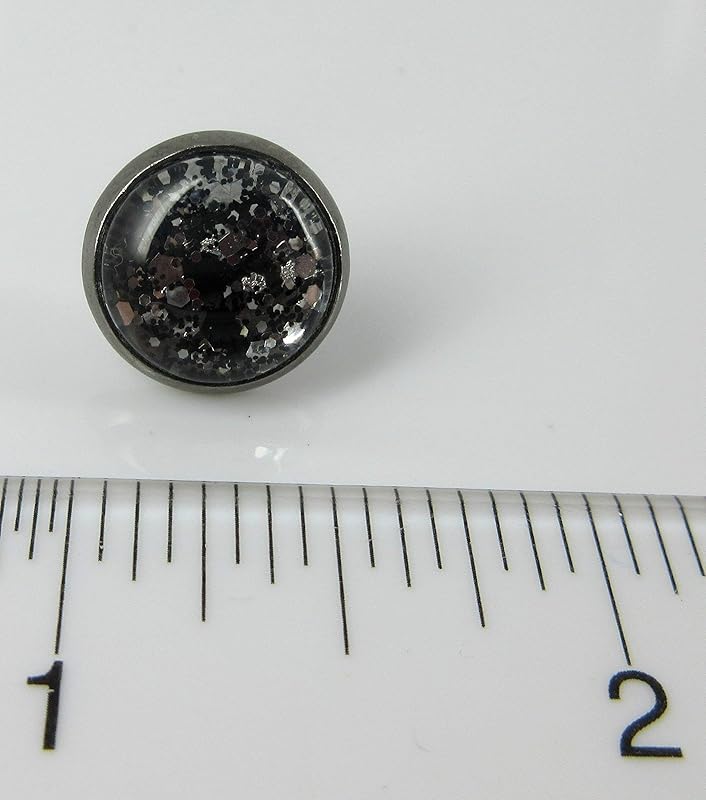 Summerfield Collection Stainless Steel Silver and Black Glitter Glass Stud Earrings Hand-painted 12mm