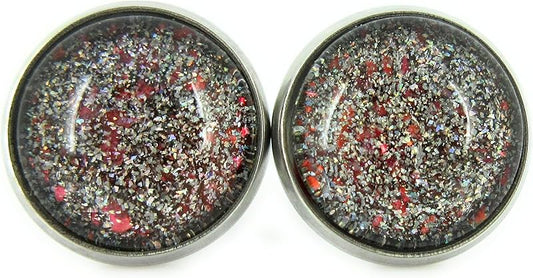 Summerfield Collection Stainless Steel Black with Holographic and Red Glitter Flakes Glass Stud Earrings Hand-painted 12mm