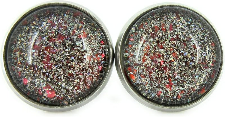 Summerfield Collection Stainless Steel Black with Holographic and Red Glitter Flakes Glass Stud Earrings Hand-painted 12mm