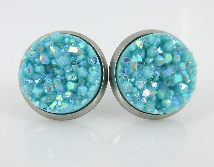 Summerfield Collection Duo Stud Earrings Stainless Steel Faux Druzy Stone 12mm Set (Pink and Blue AB)