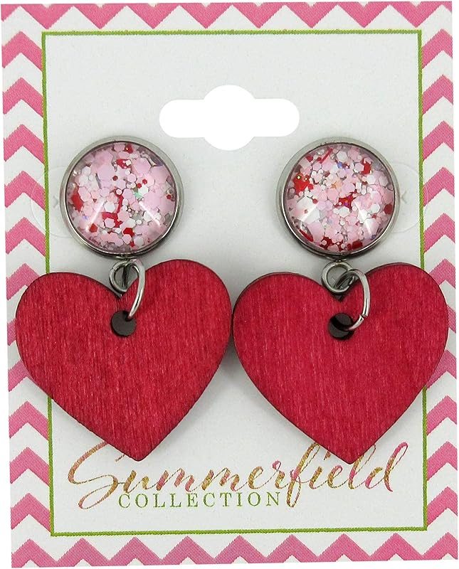 Summerfield Collection Stainless Steel Pink White Glitter Glass Red Heart Wood Drop Earrings