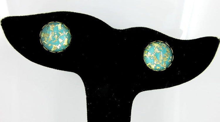 Summerfield Collection Antiqued Gold-tone Teal Blue Green Glitter Glass Stud Earrings Hand-painted 12mm