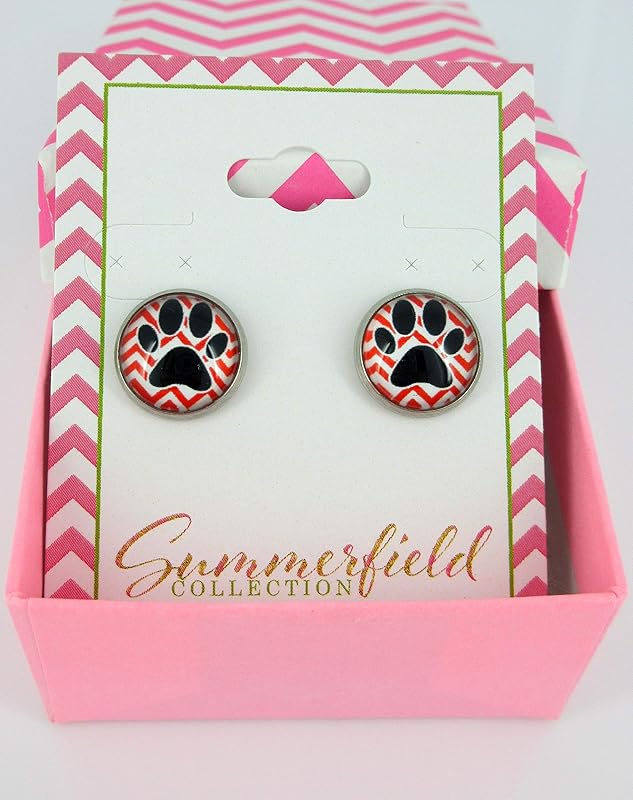 Summerfield Collection Stainless Steel Chevron and Black Paw Print Glass Stud Earrings 12mm (Red)