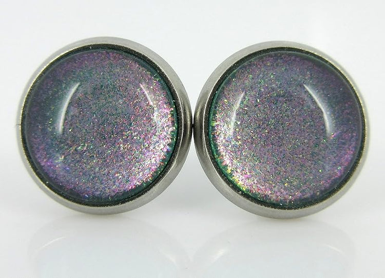 Summerfield Collection Stainless Steel Blue Purple Pink Green Colorshifting Glitter Glass Stud Earrings Hand-painted 10mm