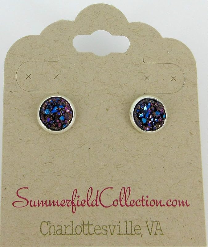 Summerfield Collection Silver-tone Metallic Faux Druzy Stone Stud Earrings 8mm (Blue/Purple)