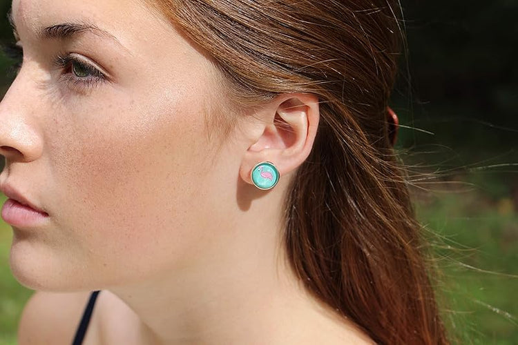 Summerfield Collection Silver-tone Teal Green Blue and Pink Flamingo Print Glass Stud Earrings 12mm