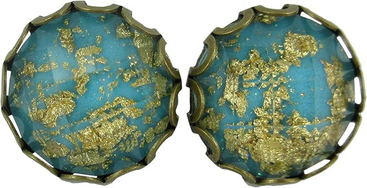 Summerfield Collection Antiqued Gold-tone Faceted Resin Leaf Foil Stud Earrings 12mm (Aqua Blue)