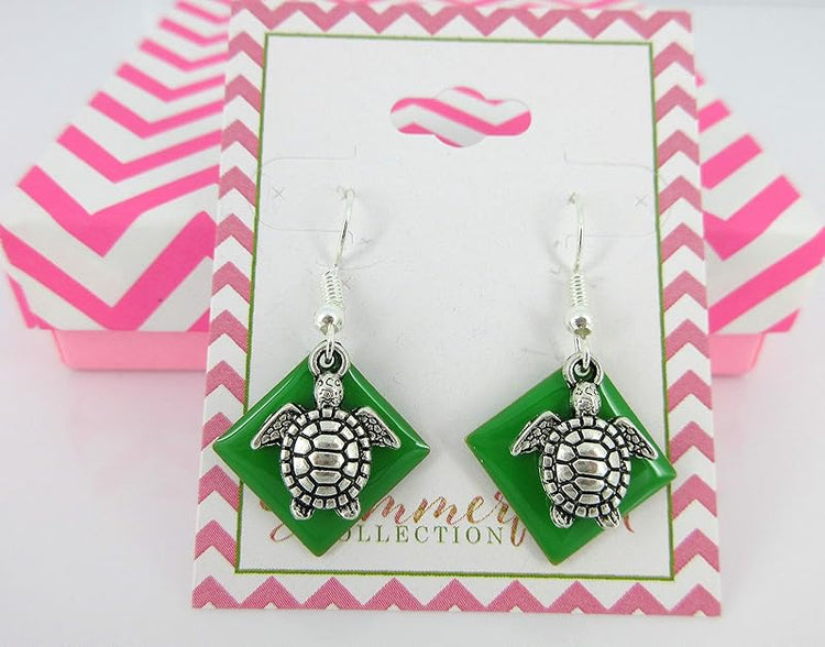 Summerfield Collection Silver-tone Green Enamel Sea Turtle Charm Dangle Earrings