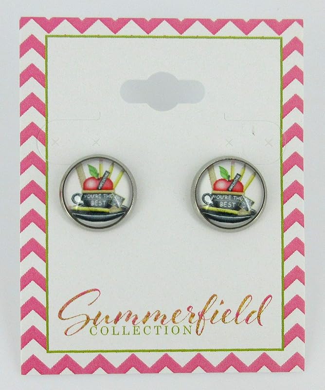Summerfield Collection Stainless Steel Teacher Print Glass Stud Earrings 12mm (You're the Best/Apple)