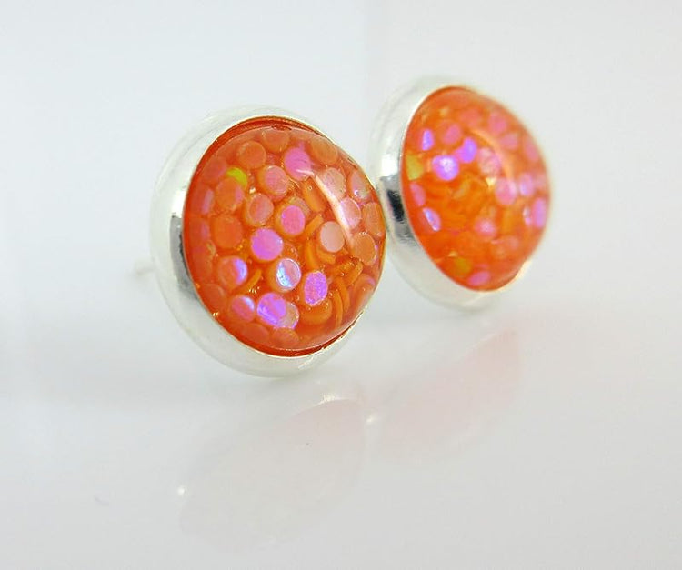 Summerfield Collection Shiny Silver-tone Iridescent Glitter Resin Stud Earrings 10mm (Orange)