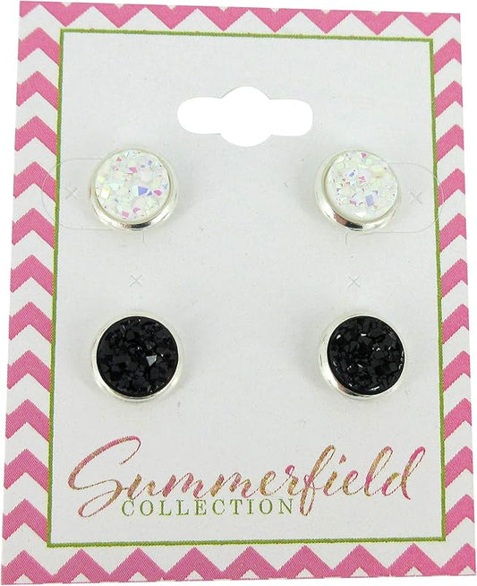 Summerfield Collection Duo Silver-tone Faux Druzy Stone Stud Earrings 8mm Set (White AB/Black)