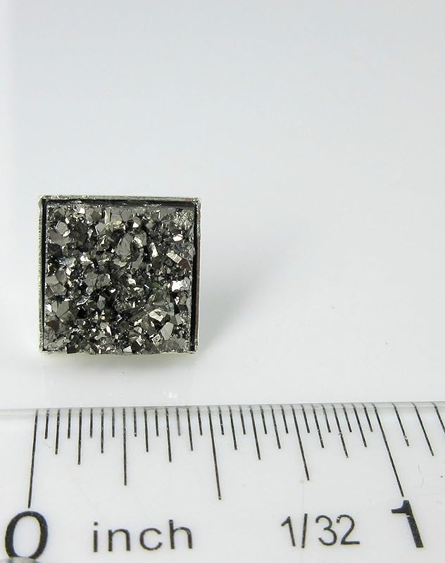 Summerfield Collection Gunmetal Geometric Square Shaped Chunky Faux Druzy Stud Earrings 12mm Statement Hematite-tone