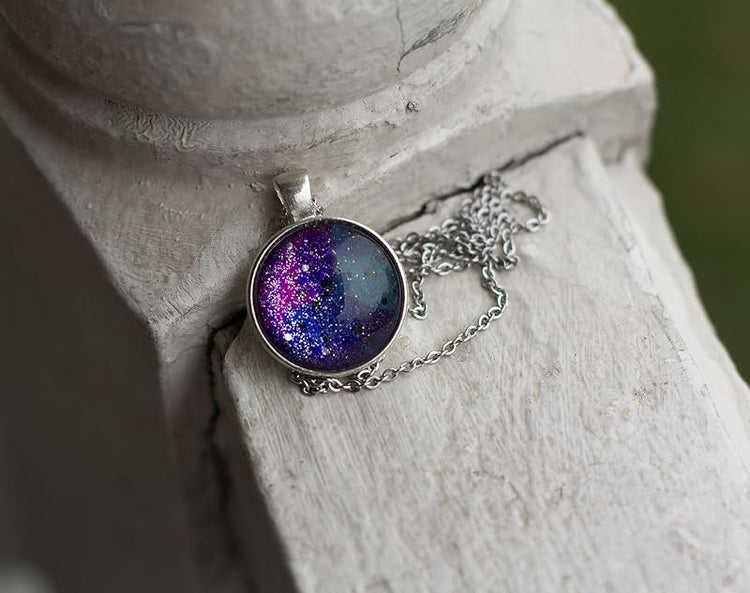 Summerfield Collection Silver-tone Hand-painted Glitter Glass Galaxy Pendant Necklace 20" Chain Stainless Steel