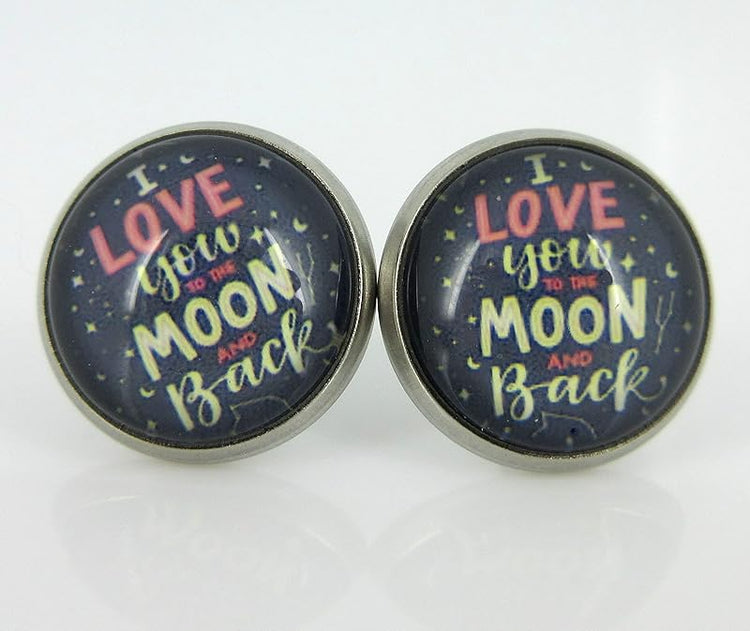 Summerfield Collection Stainless Steel I Love You to the Moon and Back Print Glass Stud Earrings 12mm (Stars)