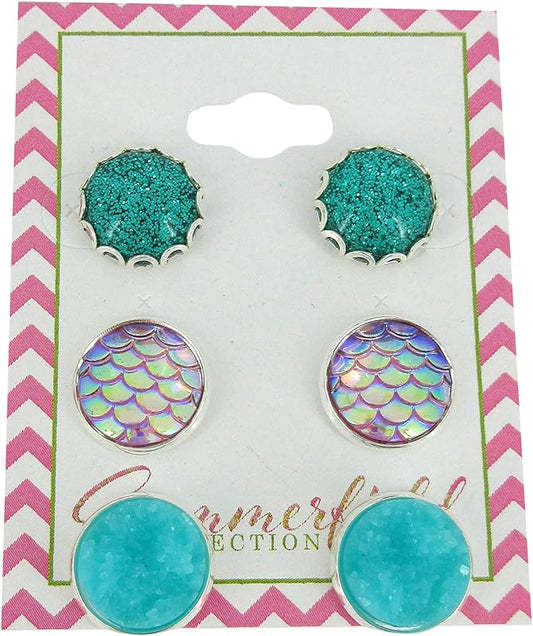 Summerfield Collection Trio Silver-tone Stud Earrings Aqua Blue Faux Druzy Stone Mermaid Scale Glitter Resin Set