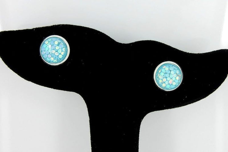 Summerfield Collection Shiny Silver-tone Iridescent Glitter Resin Stud Earrings 10mm (Sky Blue)