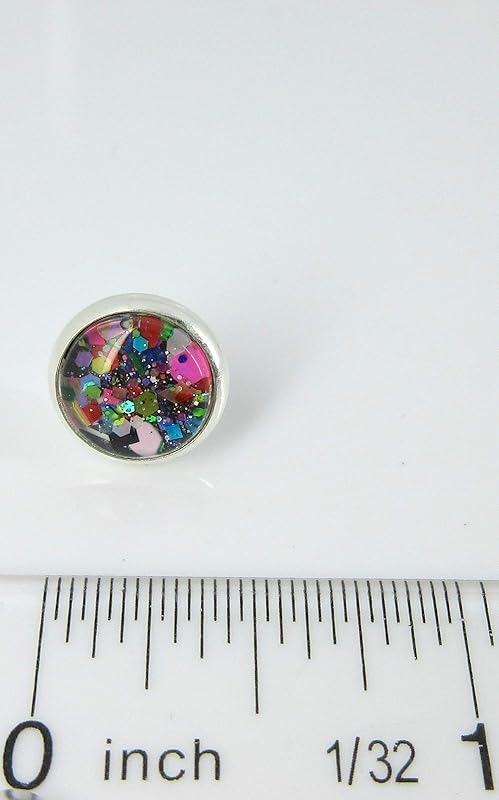Summerfield Collection Silver-tone Black and Multi-Color Confetti Glitter Glass Stud Earrings Hand-painted 10mm