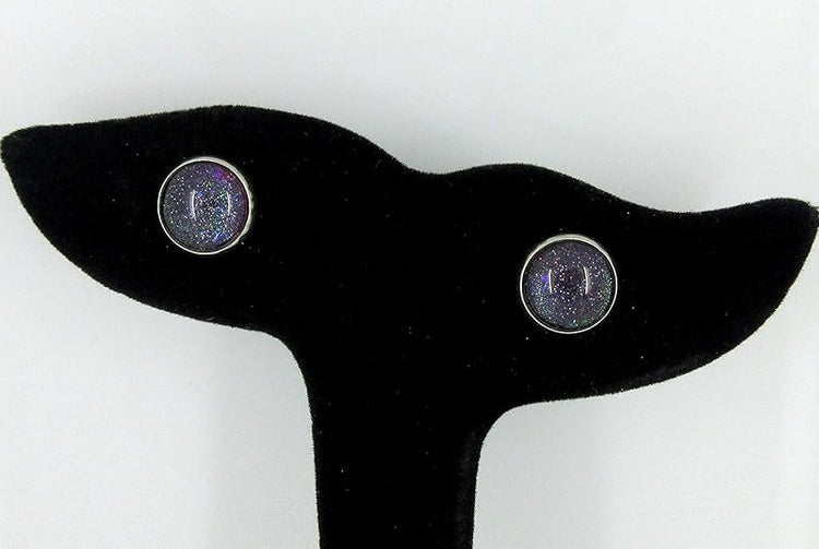 Summerfield Collection Stainless Steel Dark Galaxy Blue Colorshifting to Purple and Red Glitter Glass Stud Earrings Hand-painted 10mm