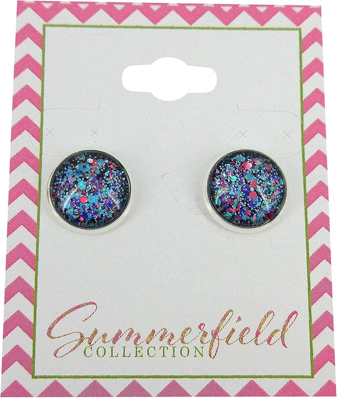 Summerfield Collection Silver-tone Blue Purple Pink Glitter Glass Stud Earrings 12mm Hand-painted